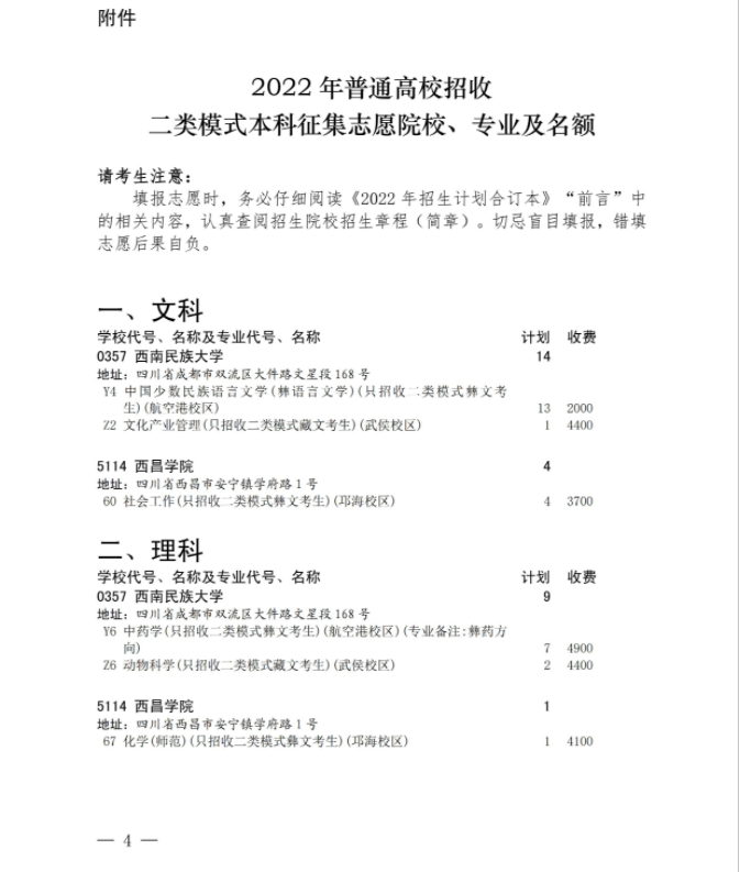 2022四川高考二类模式考生本科未完成计划征集志愿缺额表