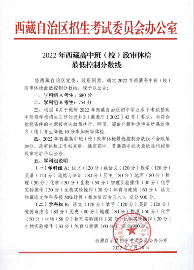 ​2022西藏高中班（校）政审体检控制最低分