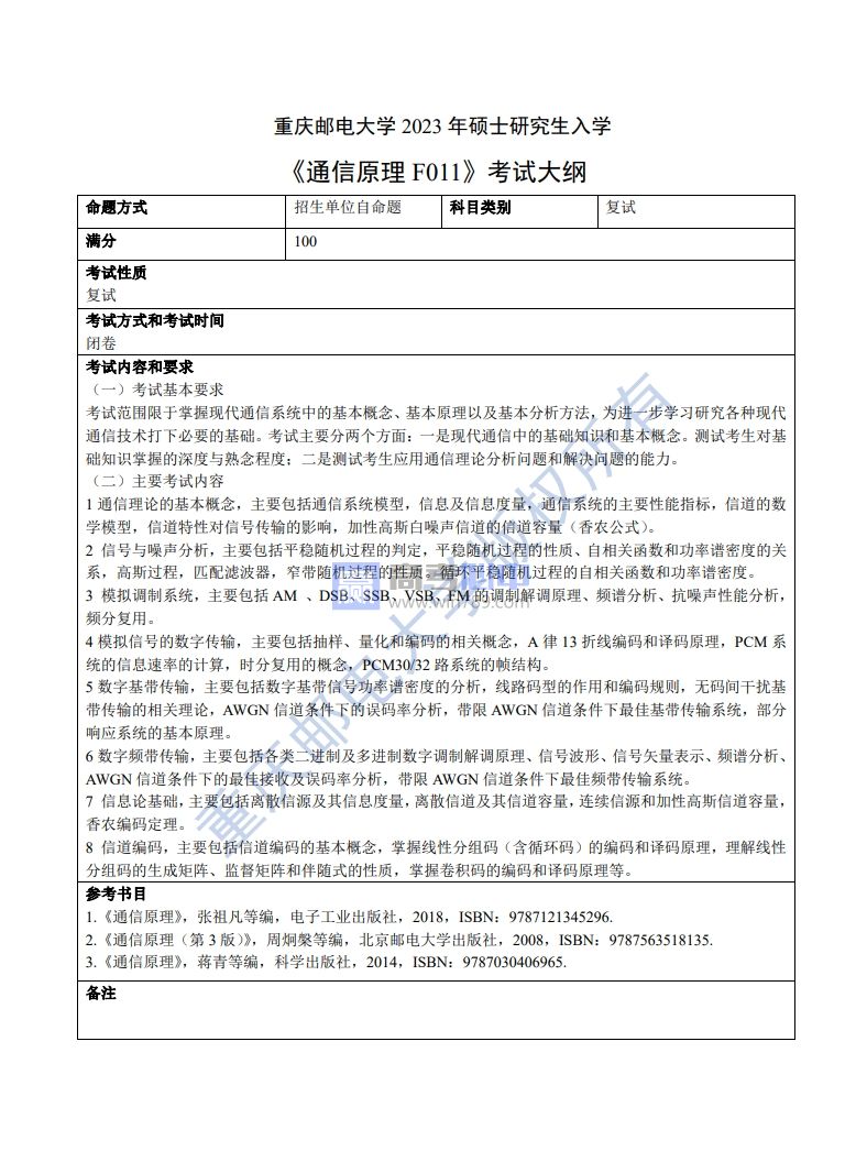 2023​重庆邮电大学考研大纲公布（自主命题）